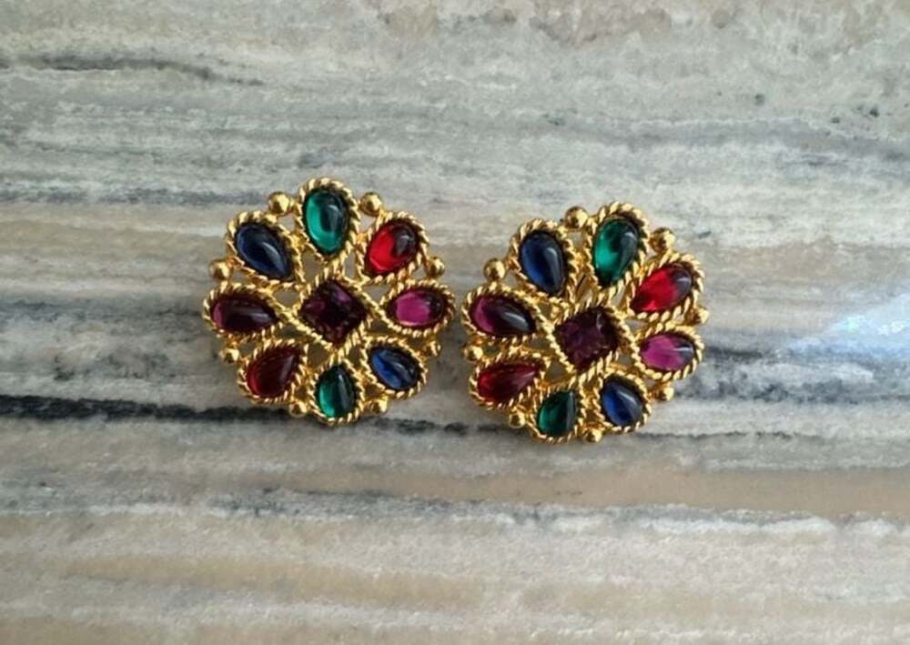 Vintage Napier Multi-Color Cabochon Flower Clip-On Earrings